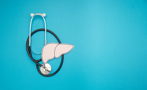 A stethoscope and liver shape made of paper are over a blue background