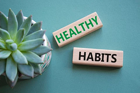 Healthy habits symbol. Concept word Healthy habits on wooden blocks with succulent plant. Beautiful grey green background. Business and Healthy habits concept. Copy space Gesunder Lebensstil senkt Sterberisiko bei Krebsüberlebenden
