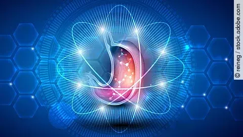 Magens in leuchtenden Farben auf blauem Hintergrund, umgeben von vernetzten Symbolen, die medizinische Analyse und Forschung symbolisieren