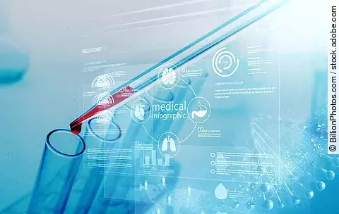 Labor; Blutrote Flüssigkeit wird mit Pipette in ein Reagenzglas getropft