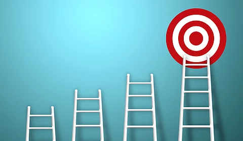 Stand out from the crowd and think different creative idea concepts. Longest white ladder growing up growth to aiming high to goal target. 3d illustration
