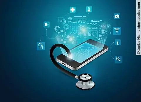 concept of telemedicine or e-health, graphic of realistic smart device with stethoscope reaching out from the screen