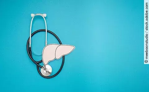 A stethoscope and liver shape made of paper are over a blue background