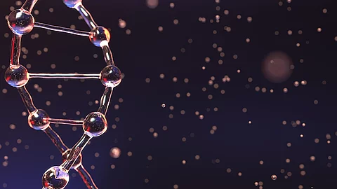 DNA molecule and floating droplets, shallow focus. Biochemistry,