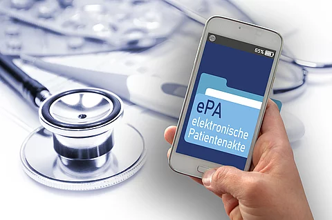cell or mobile phone with the text ePA elektronische Patientenakte (electronic health records). Symbol for the start of the electronic health records app in Germany