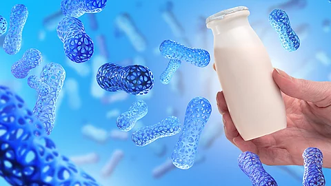 Substance microbiome. White medicine bottle in hand. Healthy nutrition to improve microbiome. Organism microbiome for immunity. Bottle with probiotic preparation. Biologically active drugs for health Probiotika