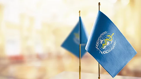 Small flags of the World Health Organization WHO on an abstract blurry background