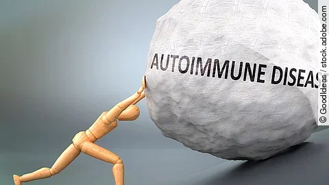 Autoimmunerkrankung - symbolhaft dargestellt als hölzerne Figur, die ein schweres Gewicht schieben muss