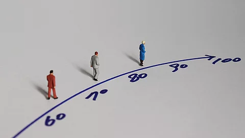 Konzept des Alterns, dargestellt mit einem Zeitstrahl und 3 Miniaturmännchen