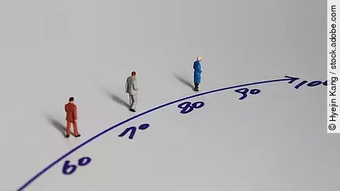 Konzept des Alterns, dargestellt mit einem Zeitstrahl und 3 Miniaturmännchen