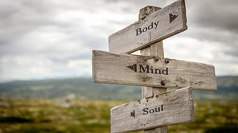 hölzerne Wegweiser in einer Landschaft mit der Aufschrift Body, Mind und Soul, die in unterschiedliche Richtungen zeigen,